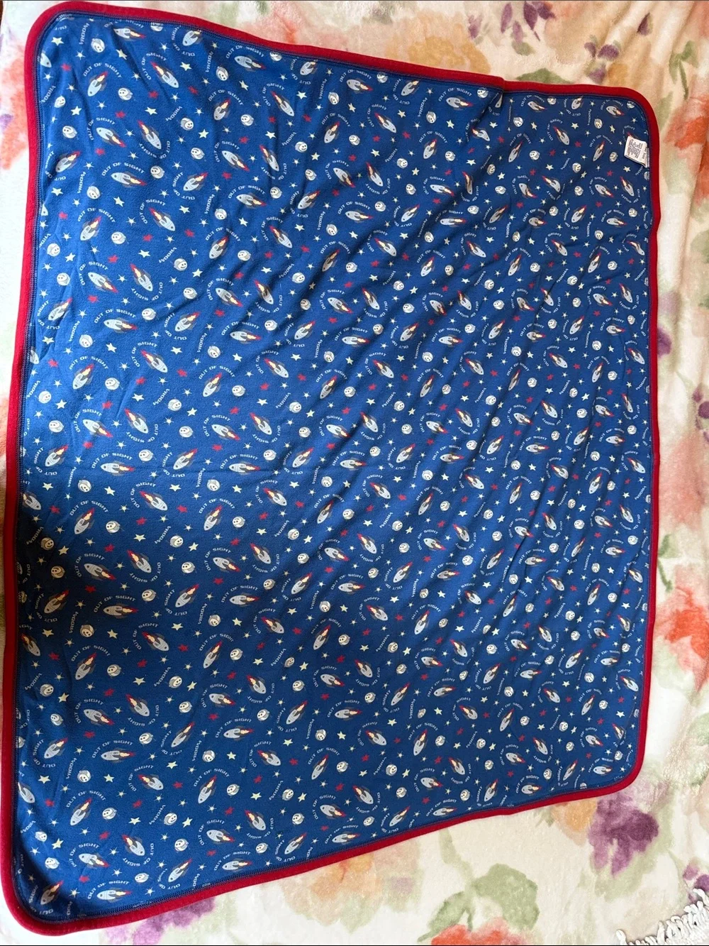 Children's Blue Rocket-Print Throw with Red Trim